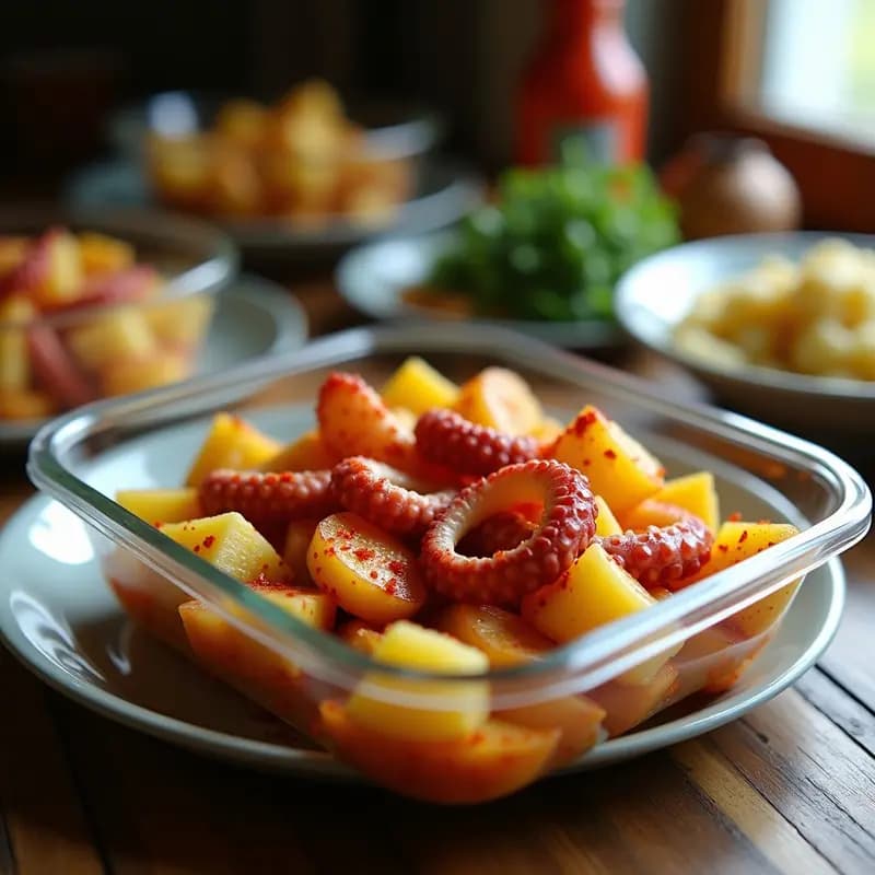 Plato de pulpo a la gallega con rodajas gruesas de patata amarilla, espolvoreado con pimentón de la Vera y regado con aceite de oliva virgen extra, servido en tupper transparente sobre fondo rústico de madera.