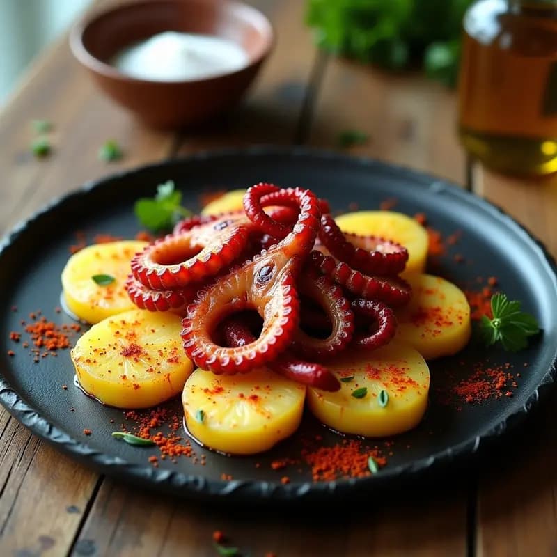 Plato de pizarra rústico con pulpo a la gallega cortado en trozos sobre rodajas de patata amarilla, espolvoreado con pimentón rojo y bañado en aceite de oliva virgen extra brillante, típico de ferias españolas.