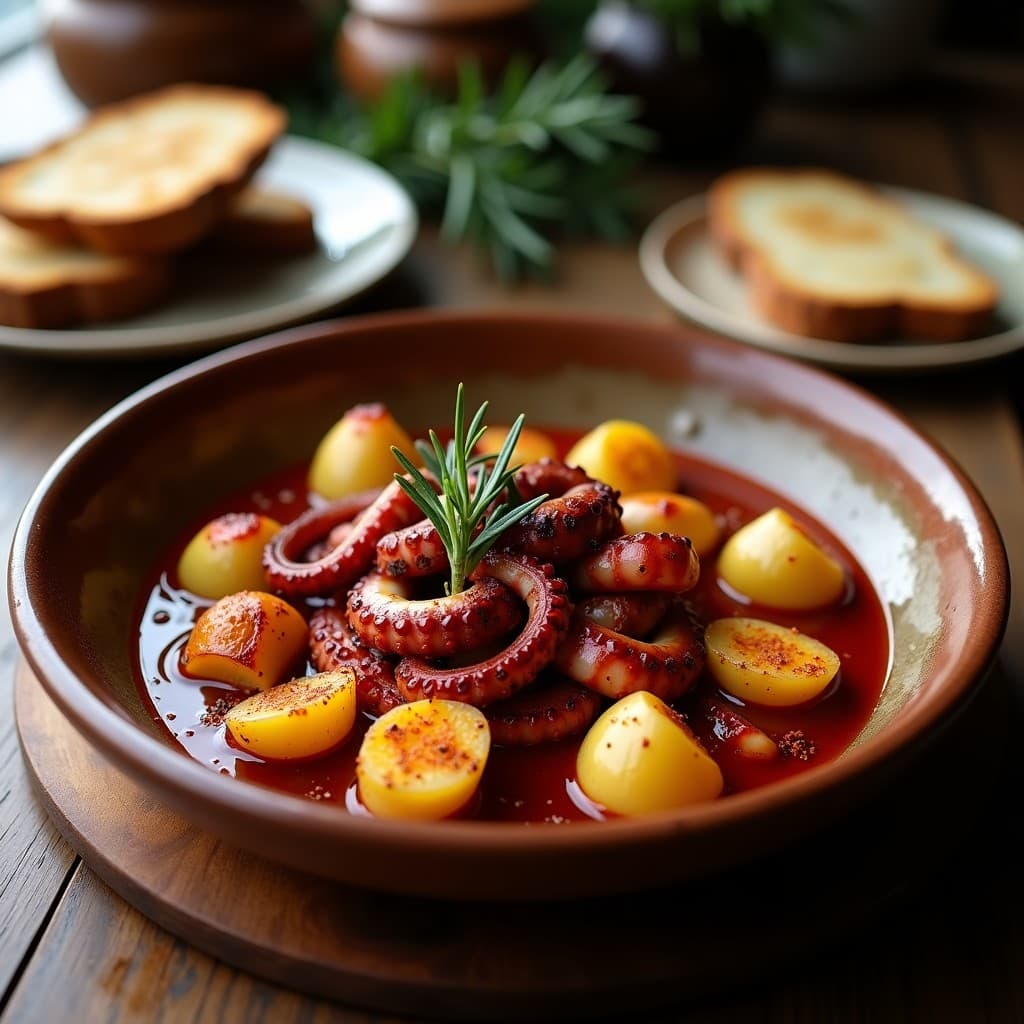 Plato hondo de barro con pulpo a la gallega en trozos grandes, patatas panaderas doradas con piel, espolvoreado de pimentón de la Vera y aceite de oliva. Fondo rústico con pan y hierbas frescas.