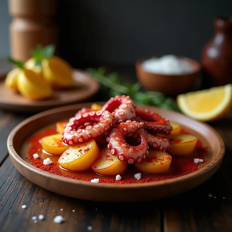 Plato rústico de madera con pulpo a la gallega troceado sobre rodajas de patata cocida, espolvoreado con pimentón de la Vera y bañado en aceite de oliva virgen extra. Tapa tradicional española sin gluten y rica en omega-3.