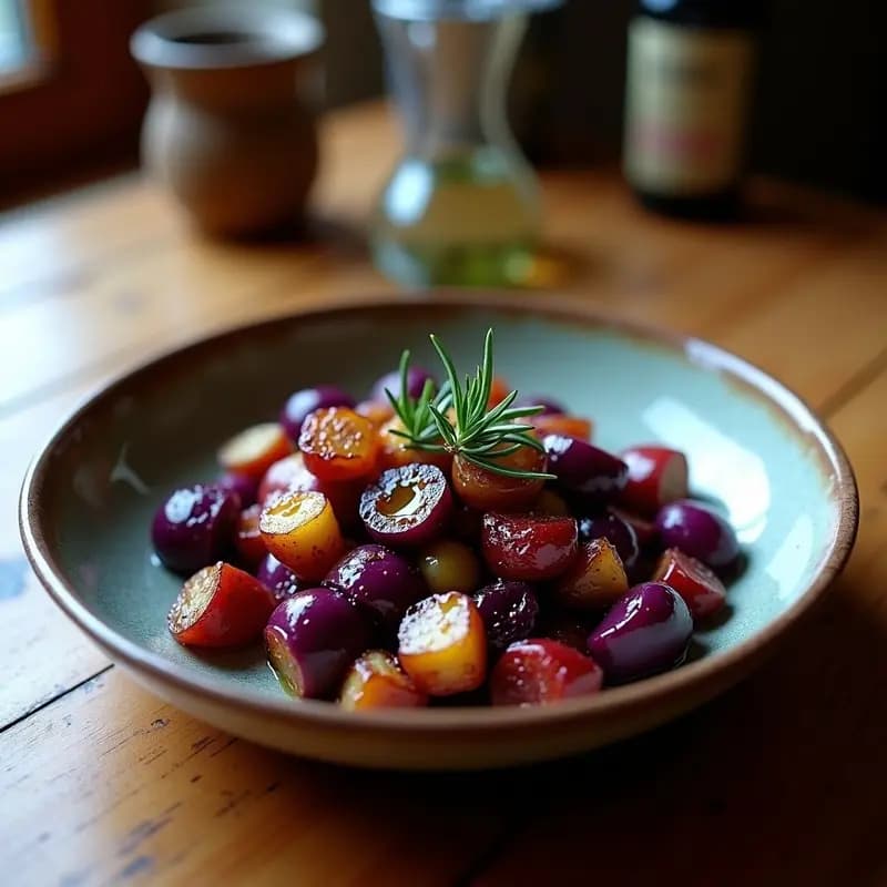 Plato hondo de barro con pulpo a la gallega en trozos, patatas moradas Vitelotte en cubos y pimientos de padrón asados enteros, decorado con romero fresco y un hilo de aceite de oliva virgen extra, receta española fusionada con toque gallego.
