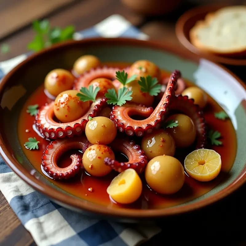 Plato tradicional gallego de pulpo a la mugardesa con rodajas gruesas de pulpo tierno, patatas cachelas enteras con piel, bañado en aceite de oliva con pimentón de la Vera y perejil fresco, servido en fuente de barro rústica.
