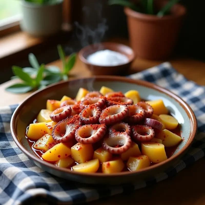 Plato tradicional gallego de pulpo a la Mugardesa con cachelos en olla, servido en fuente de barro con rodajas de patata y espolvoreado de pimentón de la Vera.