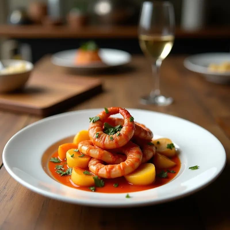 Plato tradicional asturiano de pulpo a la mugardesa con patatas cocidas cortadas en rodajas gruesas y espolvoreado con pimentón de la Vera, servido en fuente de barro rústica.