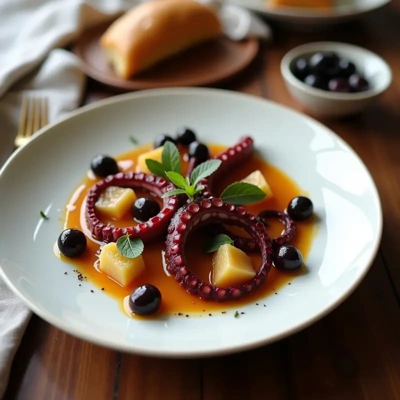 Plato hondo de barro con pulpo al olivo troceado, bañado en un caldo dorado con aceitunas Kalamata enteras, hojas de laurel y un hilo de aceite de oliva. Fondos de cebolla morada y ajo sofrito visibles. Estilo rústico griego con toques mediterráneos.