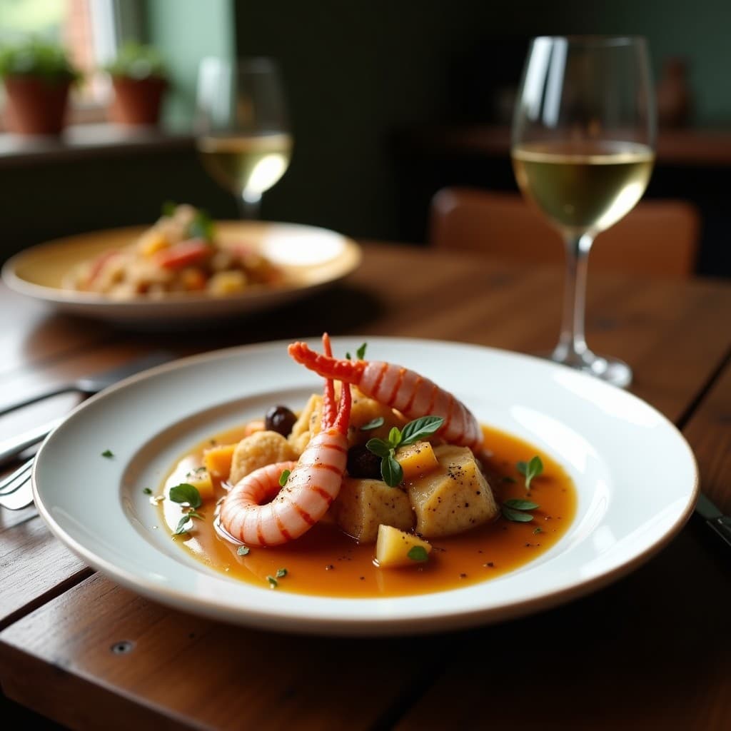 Plato blanco con puré de apio nabos cremoso y dorado, coronado por trozos de pulpo al olivo negro con aceitunas y romero fresco. Receta gallego-keto en airfryer.