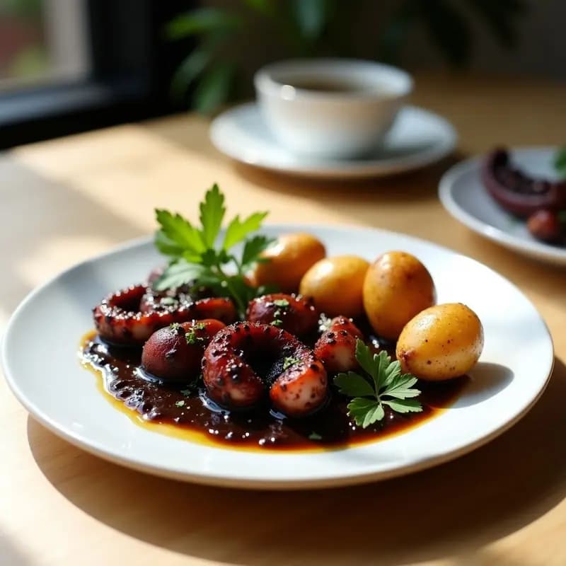 Plato blanco elegante con pulpo al olivo en trozos tiernos, bañado en salsa de aceitunas negras y cebolla morada, acompañado de papas doradas y crujientes. Decorado con perejil fresco y un hilo de aceite de oliva. Receta peruana gourmet en airfryer.