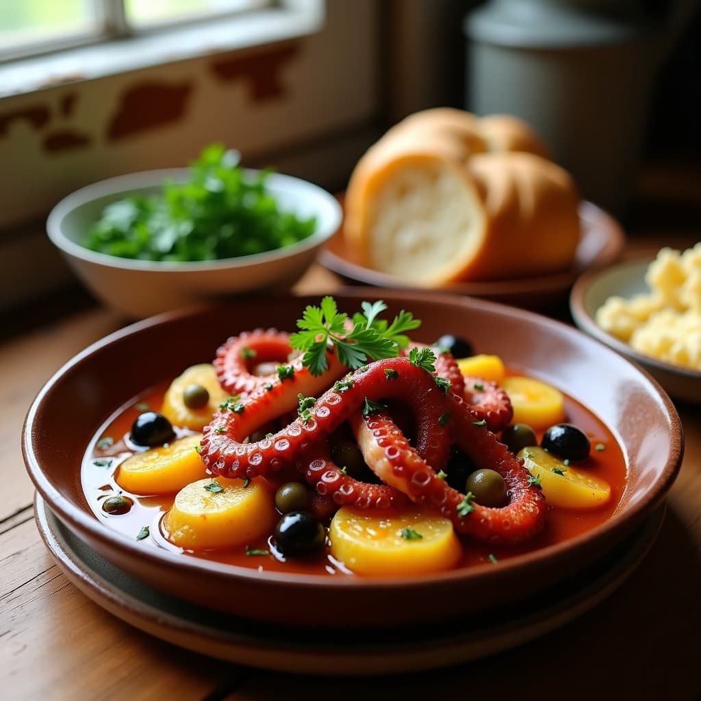 Plato hondo de barro con pulpo al olivo desmenuzado, patatas panaderas doradas, aceitunas negras y alcaparras, bañado en un caldo aromatizado con pimentón y perejil fresco, receta española gourmet en olla lenta.