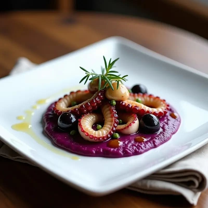 Plato blanco rectangular con pulpo al olivo en trozos dorados sobre puré de patata morada cremoso, decorado con aceitunas kalamata y orégano fresco, receta griega gourmet con toque peruano.