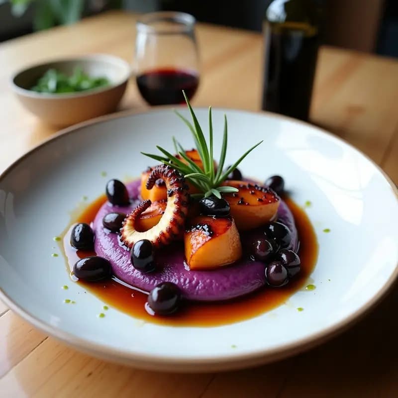 Plato de cerámica blanca con pulpo a la parrilla dorado sobre puré de patata morada vibrante, decorado con aceitunas kalamata salteadas y un hilo de aceite de oliva virgen extra, receta mediterránea gourmet.