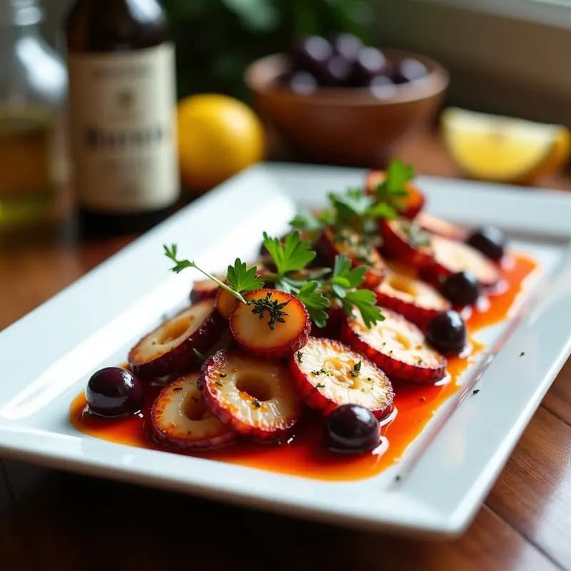 Plato blanco rectangular con pulpo a la plancha dorado, aliñado con pimentón de piquillo y aceitunas kalamata, decorado con perejil fresco y un hilo de aceite de oliva virgen extra. Receta española gourmet.