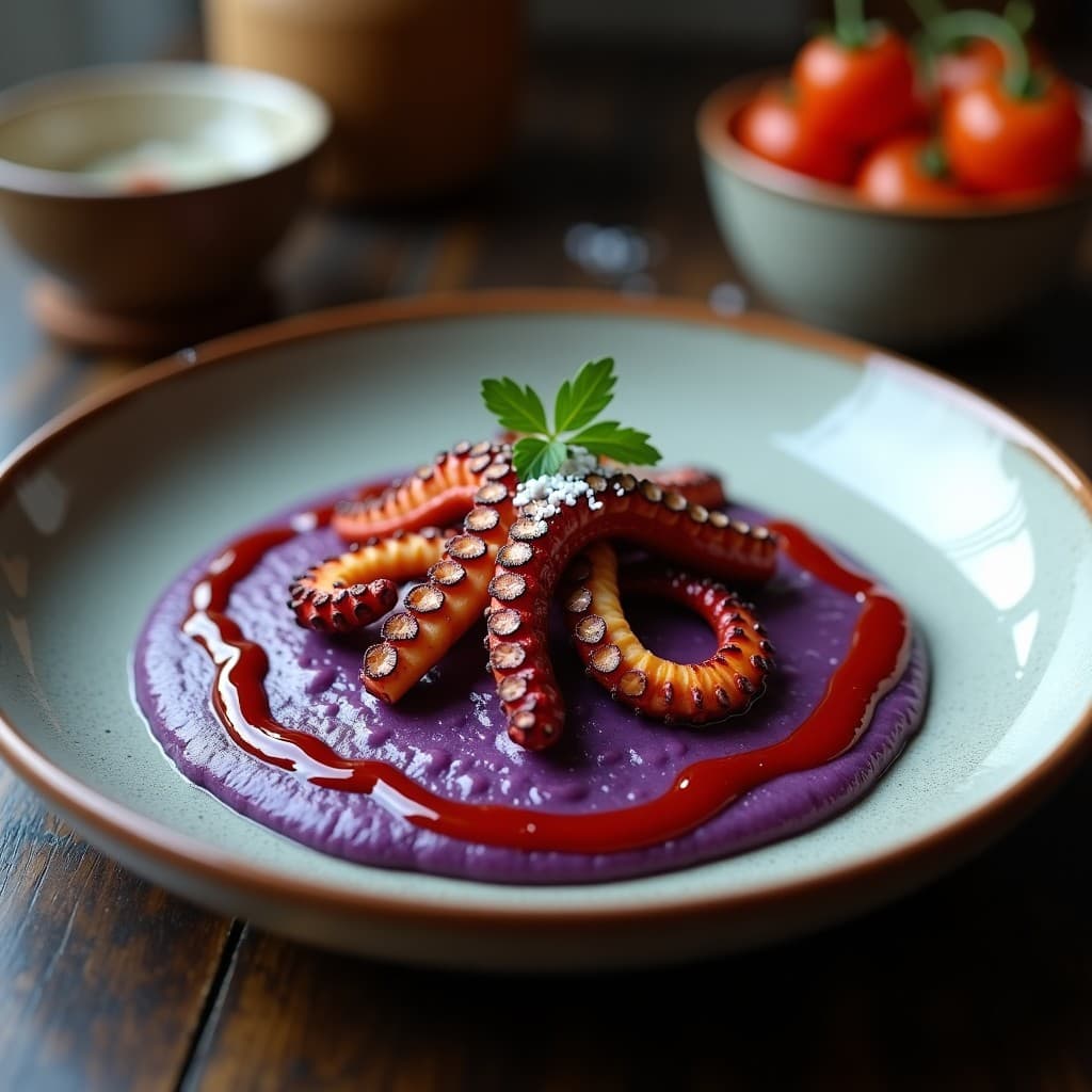 Plato de pulpo a la plancha dorado con tentáculos tiernos, acompañado de puré de patata morada cremoso y un hilo de aceite de pimentón brillante, servido en vajilla de barro rústico.
