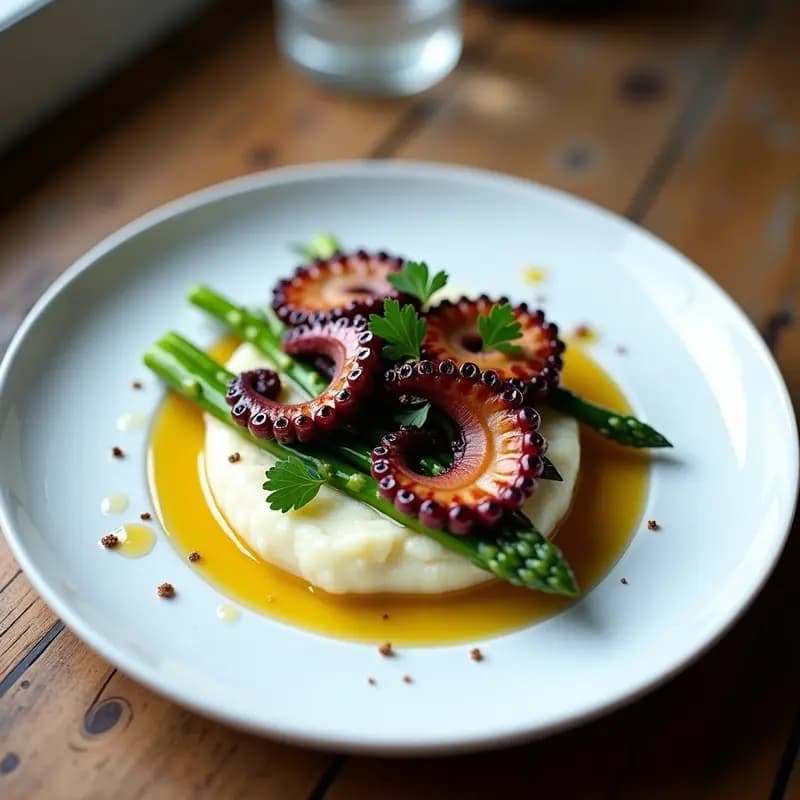 Plato gourmet neozelandés con pulpo a la plancha dorado sobre puré de patata cremoso y trufado, acompañado de espárragos verdes al dente. Decorado con perejil fresco y hilo de aceite de trufa negra.