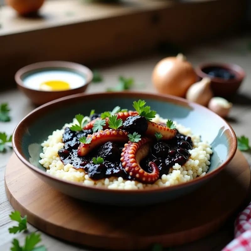 Plato hondo de barro con pulpo en su tinta negro intenso sobre una cama de arroz blanco, decorado con perejil fresco y un chorro de aceite de oliva virgen extra. Receta gallega tradicional de sabor a mar.