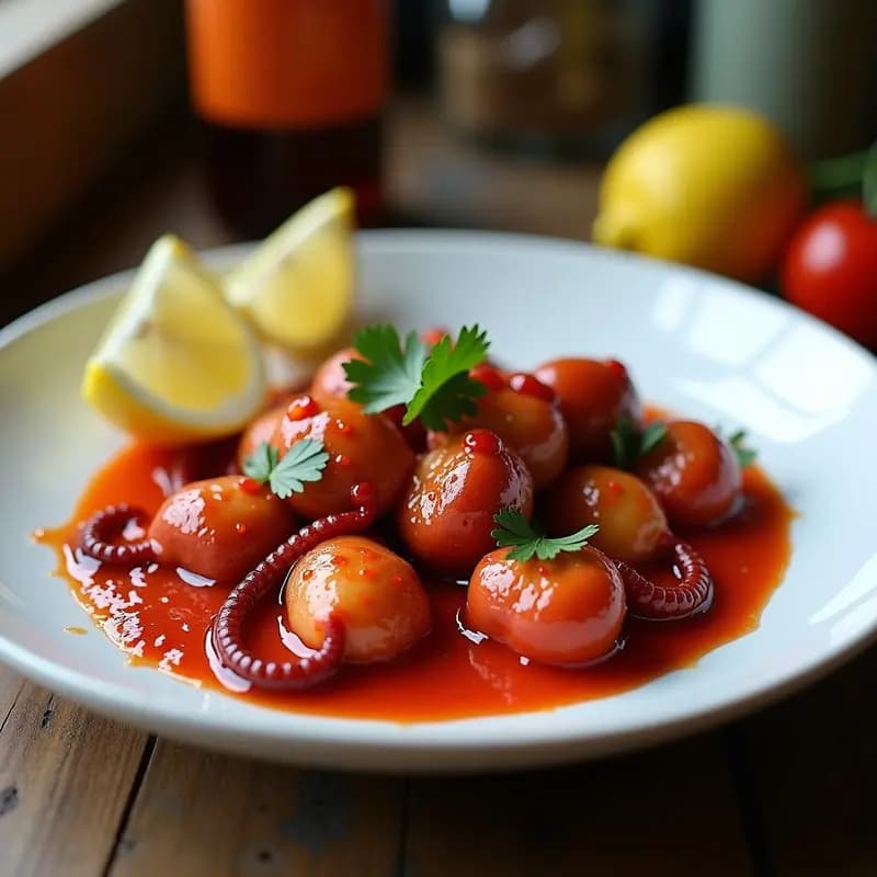 Plato blanco con pulpo al vapor en trozos, cubierto de una salsa rojiza de pimentón de piquín, ajo y perejil. Acompañado de cebolla morada en juliana y un chorrito de aceite de oliva virgen extra. Receta española en olla exprés con toque picante.
