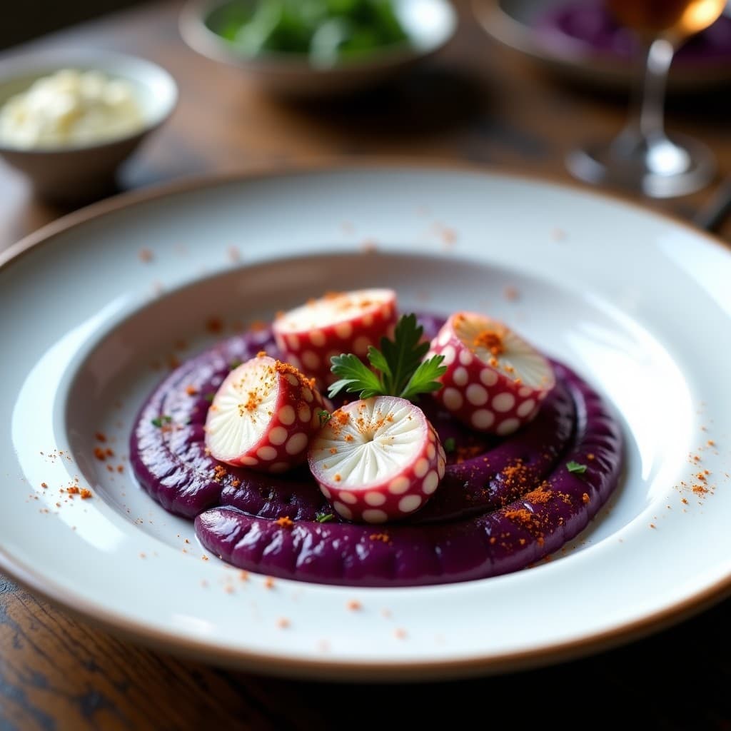 Plato blanco con puré de batata morada vibrante, pulpo al vapor cortado en trozos tiernos y espolvoreado con pimentón dulce y cebollino fresco. Receta gallega en olla express sin aceite.