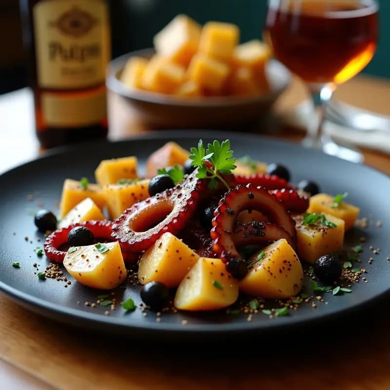 Plato hondo de barro con pulpo a la vinagreta, patatas doradas en rodajas, aceitunas Kalamata negras y cebolla morada en juliana, bañado en vinagreta dorada con pimentón. Presentación rústica y gourmet sobre mesa de madera con perejil fresco.