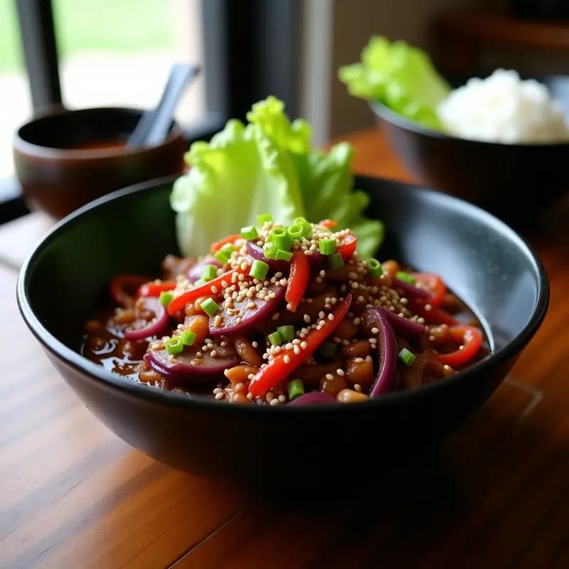 Plato hondo de cerámica negra con pulpogis coreano: láminas de carne de res doradas y jugosas, salteadas con cebolla morada, pimiento rojo y cubiertas con salsa ssamjang espesa. Decorado con semillas de sésamo tostadas y cebollín picado, acompañado de arroz blanco al vapor y hojas de lechuga fresca.