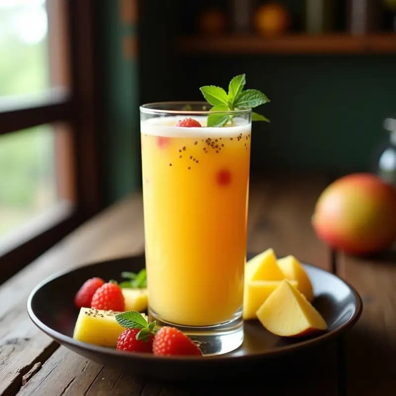Vaso alto transparente con pulque con frutas tropicales, decorado con cubos de mango, piña y hojas de menta, sobre una mesa de madera rústica con fondo de cocina tradicional mexicana.