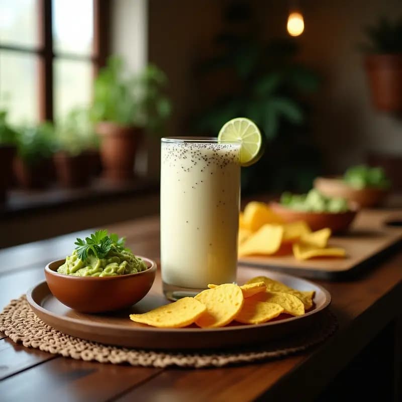 Vaso alto de pulte de maíz espumoso y cremoso, decorado con guacamole fresco y cilantro, acompañado de totopos de maíz azul crujientes sobre una mesa de madera rústica.