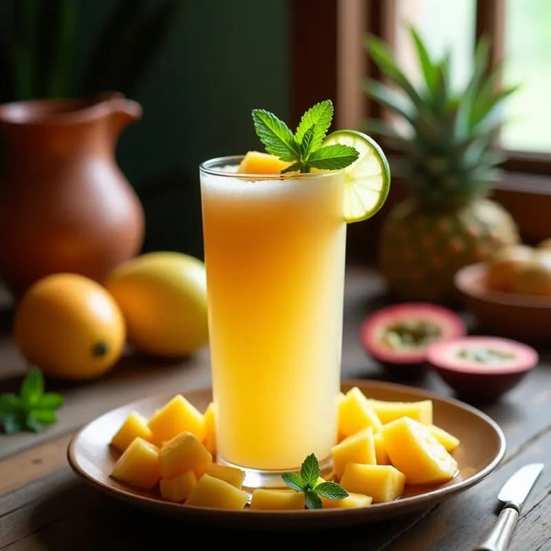 Vaso alto de pulque espumoso con trozos de mango, piña y guayaba fresca, decorado con hojas de menta y una rodaja de lima al borde. Bebida fermentada mexicana refrescante.