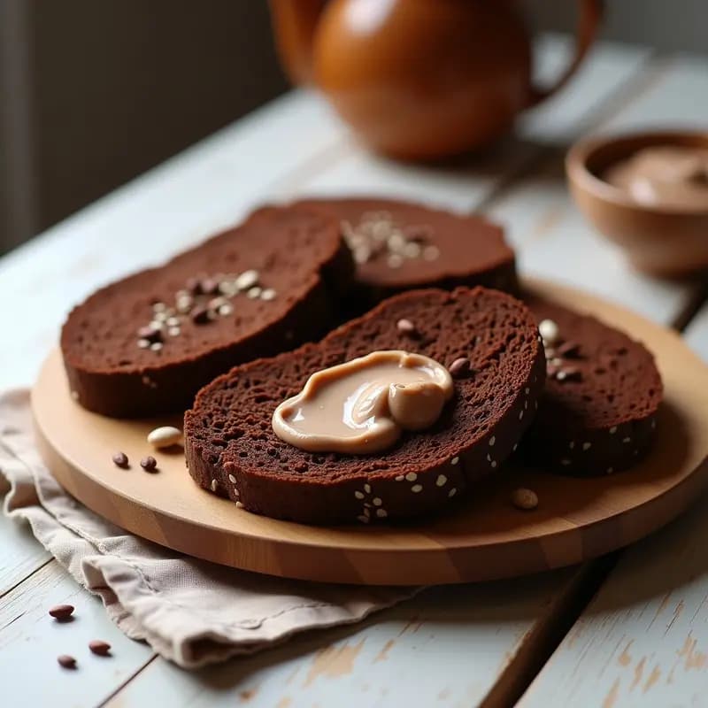 Rebanadas oscuras de Pumpernickel de centeno sin gluten con mantequilla de algarroba untada, decoradas con semillas de sésamo y servidas sobre una tabla de madera rústica. Plato ideal para desayunos keto y saludables.