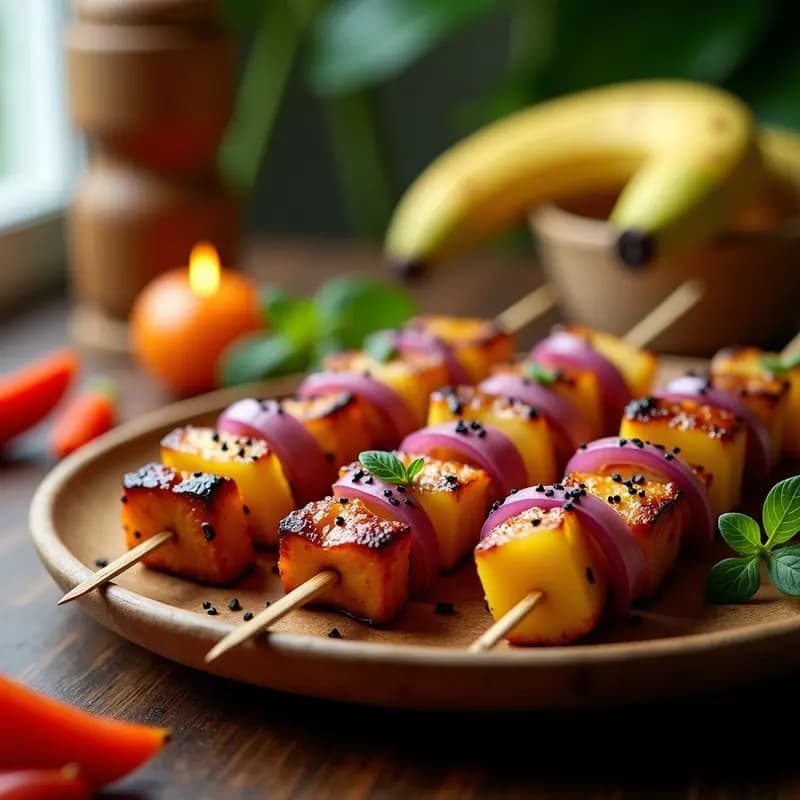 Brochetas de Pupu Lovers Hawaiano con trozos dorados de pollo teriyaki, piña asada caramelizada, cebolla morada y pimiento amarillo, espolvoreadas con semillas de sésamo negro y pimienta de Hawái, servidas en una bandeja de madera rústica con fondo de hojas de plátano.