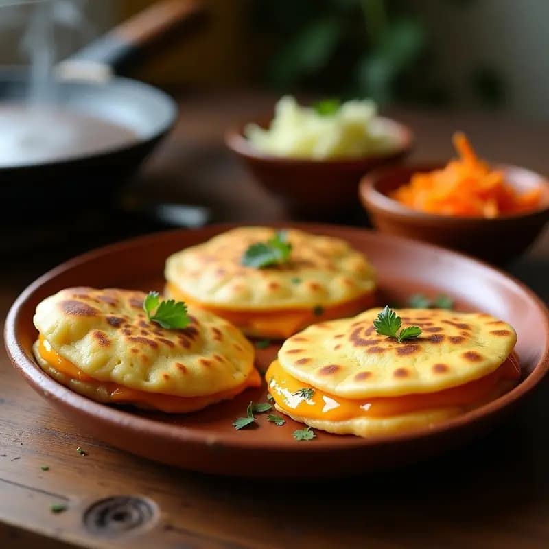 Pupusas de flor de izote y queso Oaxaca doradas en comal, con textura esponjosa y relleno fundido, servidas en plato de barro con currtido salvadoreño al lado.