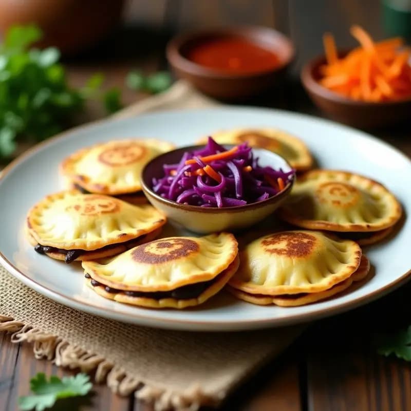Plato de pupusas de frijol negro y queso fresco doradas por fuera, con textura crujiente y relleno visible al cortarlas, acompañadas de curtido de repollo y salsa de tomate, receta salvadoreña tradicional alta en fibra.