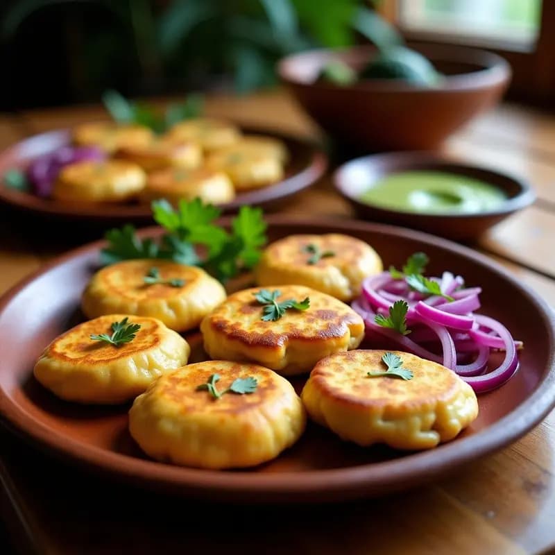 Pupusas de queso y flor de calabaza doradas y crujientes, servidas en un plato de barro con curtido de repollo y salsa de tomate al lado, receta salvadoreña sin gluten y vegetariana.