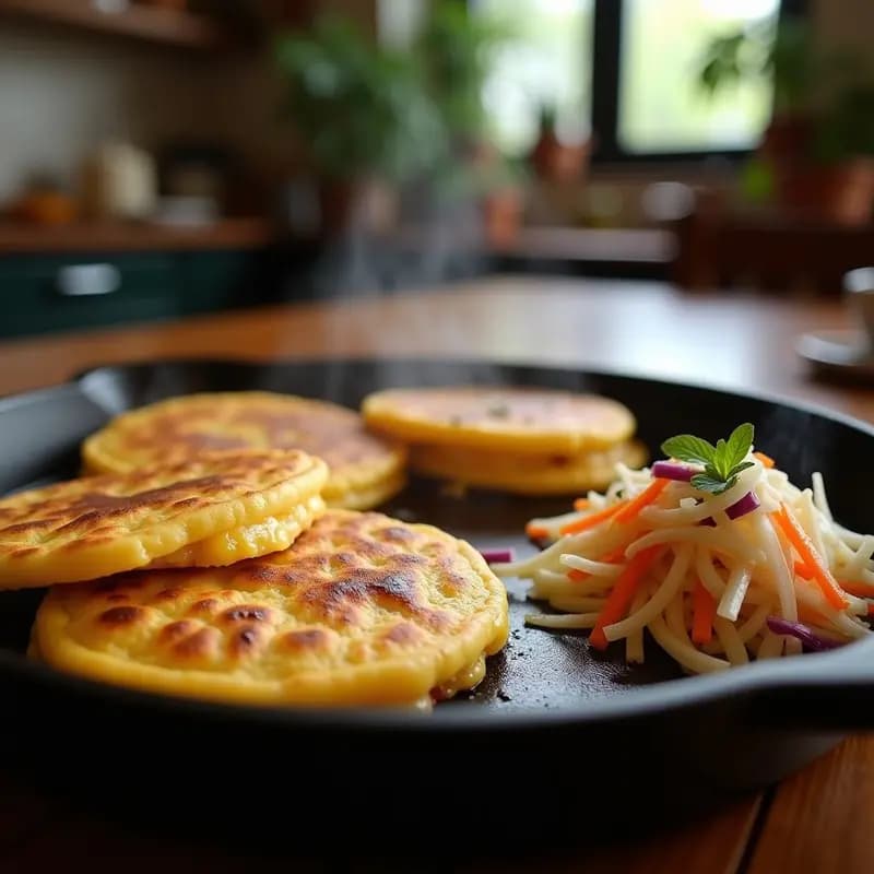 Pupusas salvadoreñas doradas en sartén con relleno de queso Oaxaca y loroco, acompañadas de curtido de repollo morado y zanahoria. Receta tradicional en sartén con masa de maíz nixtamalizado.