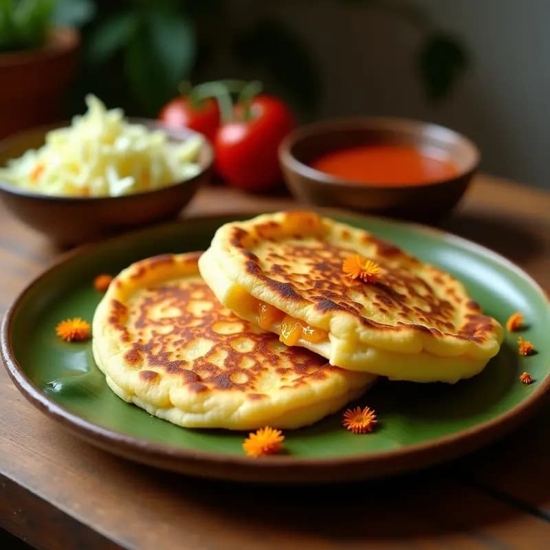 Pupusas de queso y loroco doradas con toques florales, servidas sobre hojas de plátano, con pétalos de flor de calabaza visibles en la masa y relleno de queso desmenuzable asomándose. Receta salvadoreña tradicional con presentación rústica y aromática.