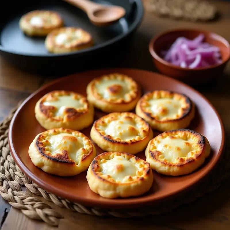 Pupusas salvadoreñas de queso y loroco gratinadas en comal, doradas y crujientes por fuera, con queso derretido y aroma a loroco, servidas sobre un plato de barro.