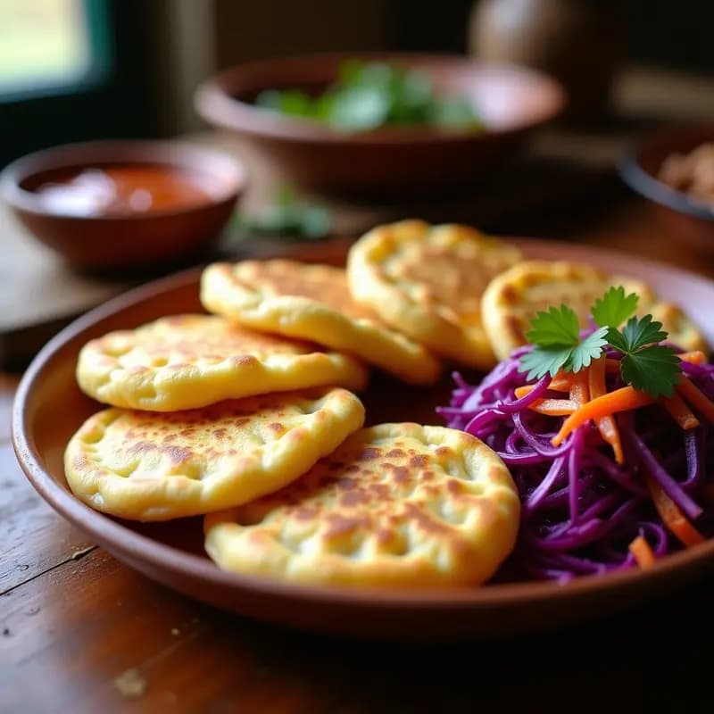 Plato de pupusas de yuca doradas y crujientes rellenas de queso de anacardos, acompañadas de curtido de repollo morado, zanahoria y cebolla con un toque de cilantro fresco.