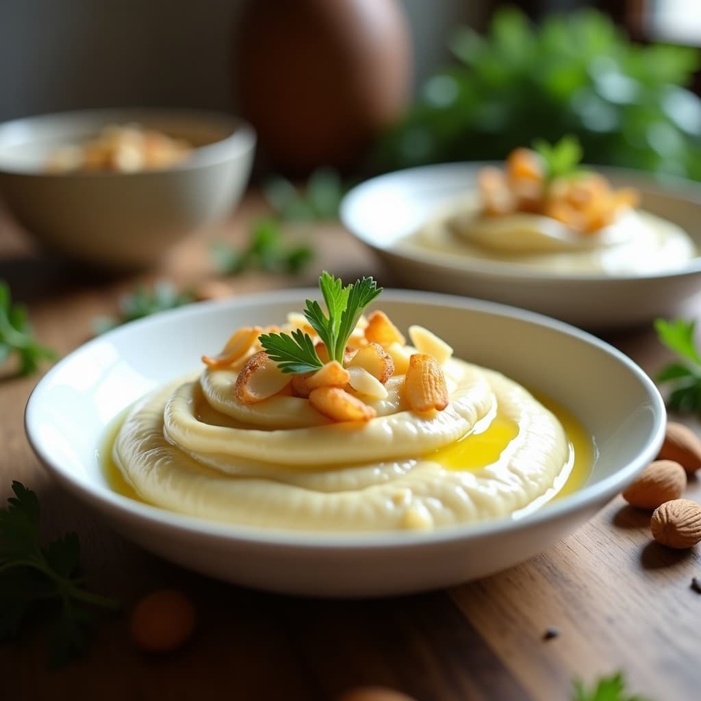 Plato blanco hondo con puré de apio-nabo cremoso, decorado con almendras tostadas doradas y un hilo de aceite de oliva virgen extra. Fondo rústico con hierbas frescas.