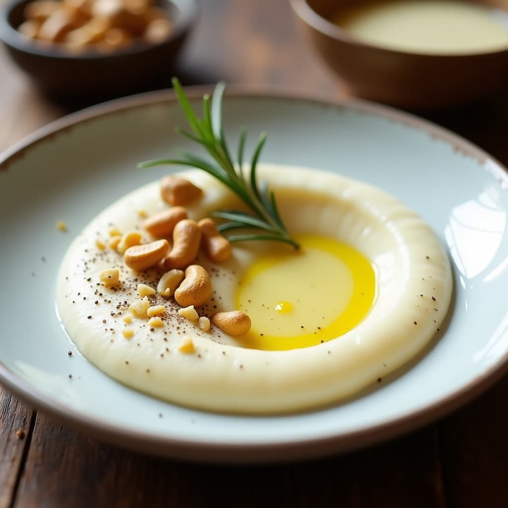 Plato hondo blanco con puré de apio nabo cremoso de color marfil, coronado con mantequilla de anacardos dorada y anacardos picados. Acompañado de una ramita de romero fresco y un hilo de aceite de oliva virgen extra. Estilo rústico francés con fondo de madera clara.