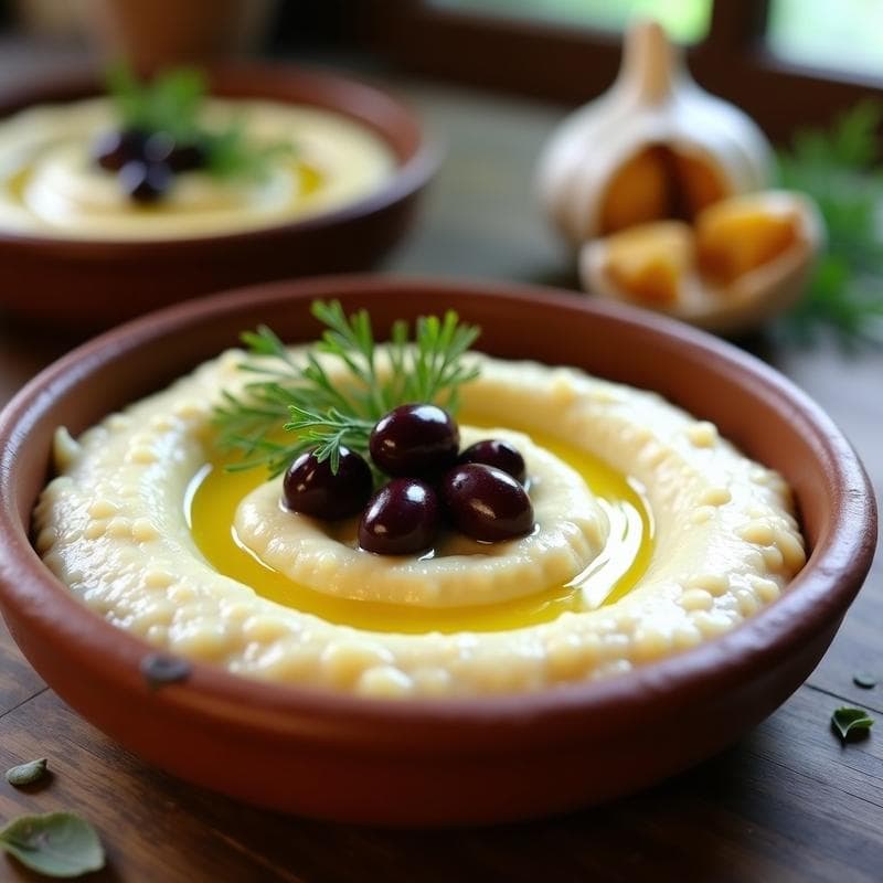 Puré de coliflor cremoso de color beige claro en un bol rústico de barro, decorado con aceitunas kalamata enteras, un hilo de aceite de oliva virgen extra y hojas de hinojo fresco. Al fondo, una cabeza de ajo asado abierta y dorada. Receta vegana griega en Thermomix.