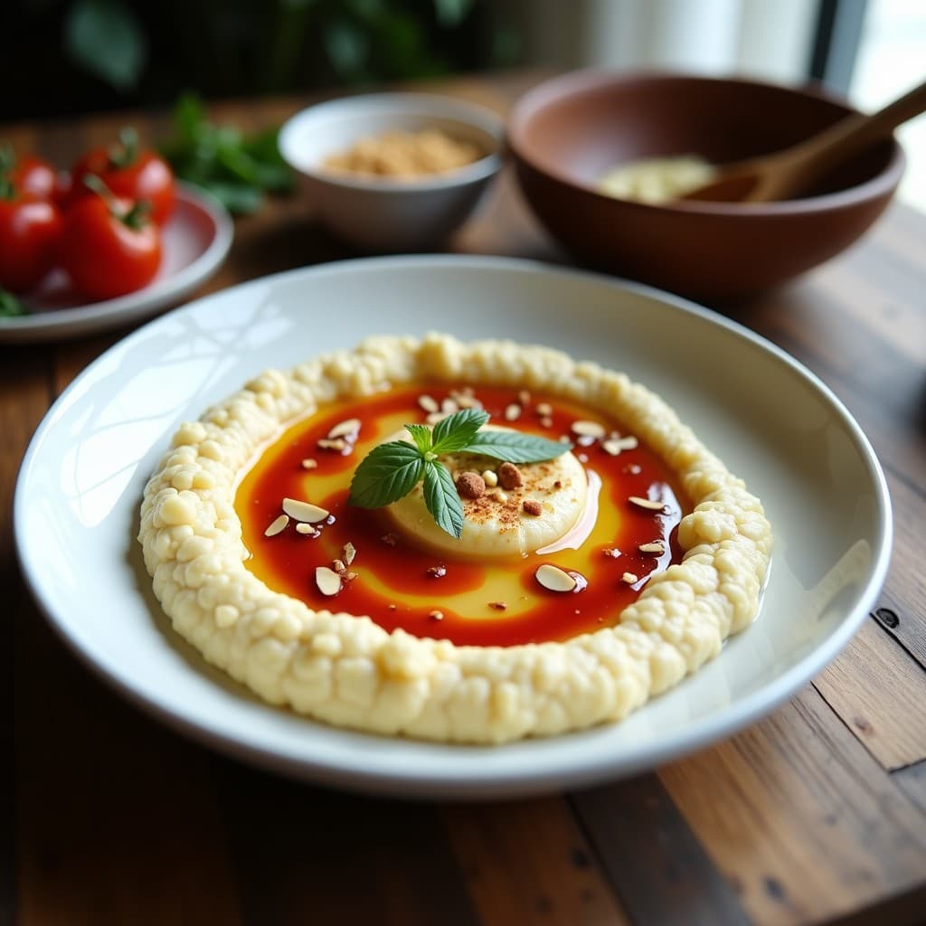 Puré de coliflor cremoso de color beige claro servido en un bol de cerámica blanca, coronado con salsa romesco de tono rojizo y almendras picadas. Acompañado de un hilo de aceite de oliva virgen extra y una cuchara de madera. Plato keto español preparado en Airfryer.