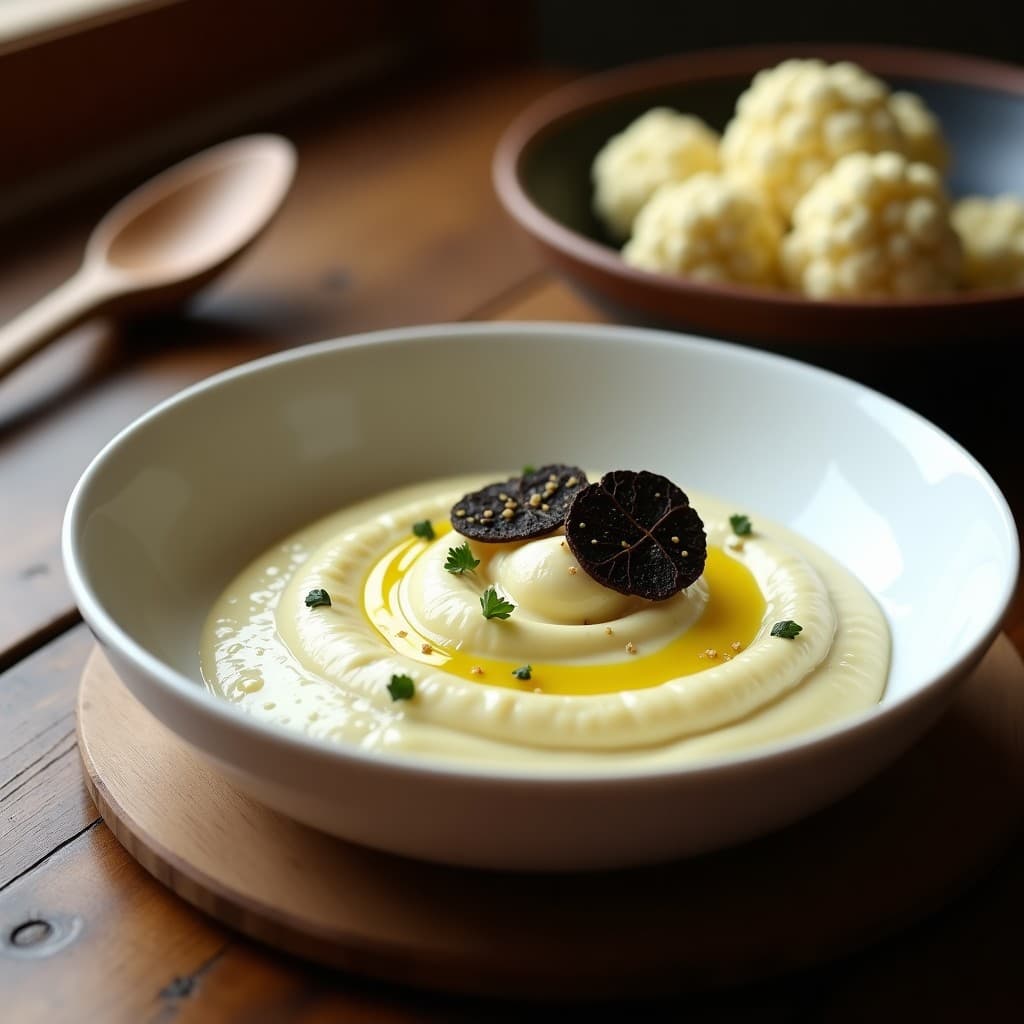 Puré de coliflor cremoso en bol hondo blanco, coronado con almendras fileteadas tostadas y un hilo de aceite de trufa negra, acompañado de una cuchara de madera. Receta gourmet de puré de coliflor con ajo negro y trufa en olla lenta sin lácteos.
