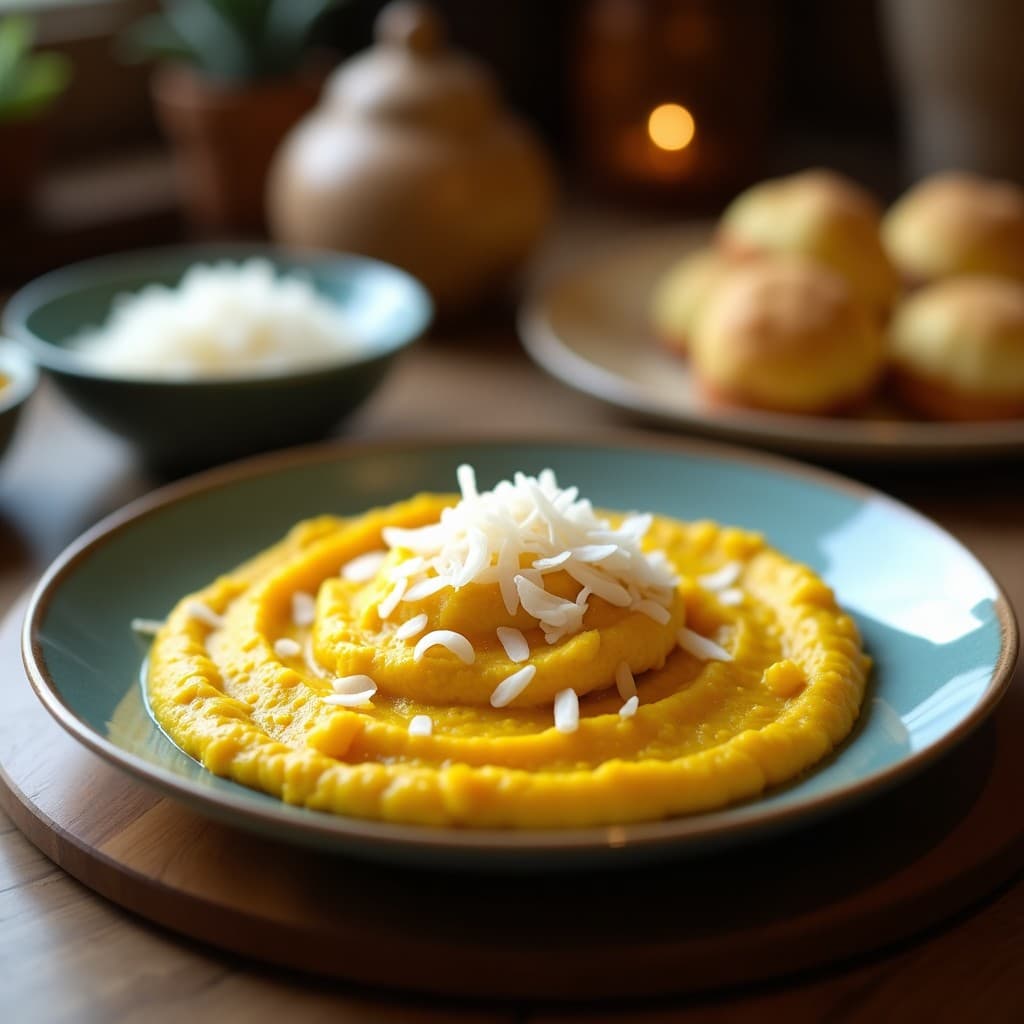 Puré cremoso de coliflor de color dorado intenso por la cúrcuma, servido en un bol de cerámica blanca con virutas de coco tostadas doradas espolvoreadas por encima. Fondo borroso con hierbas frescas y una cuchara de madera.