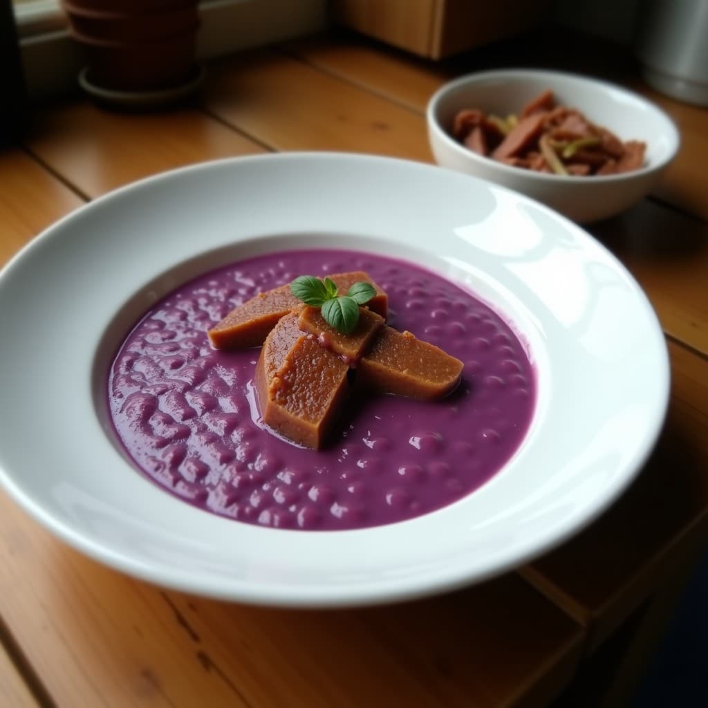Plato hondo de cerámica blanca con puré de ñame morado cremoso, de color violeta intenso, decorado con hojas de cilantro fresco y un hilo de leche de coco. Fondo rústico con servilleta de lino y cubiertos de madera.