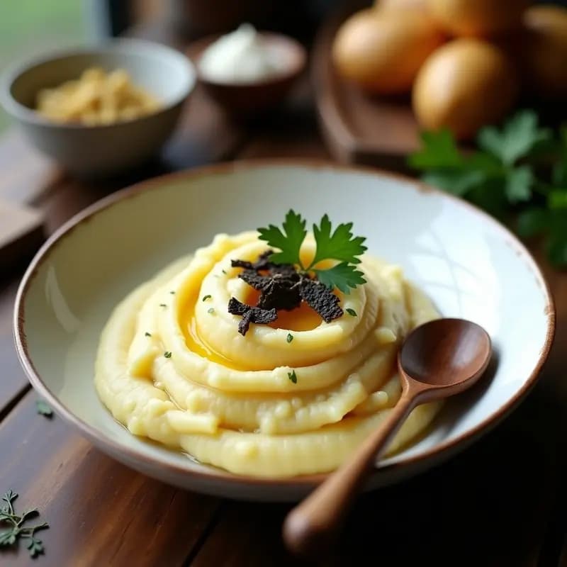 Plato hondo de porcelana blanca con puré italiano cremoso de patata y topinambur, coronado con virutas de trufa negra y un hilo de aceite de trufa, acompañado de una cuchara de madera y hojas de perejil fresco.