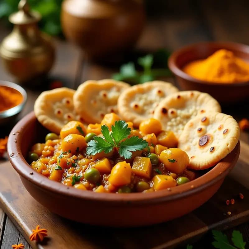 Plato tradicional indio de Puri Bhaji con pan de trigo integral vegano: bol hondo con bhaji espeso de patatas, guisantes y especias, acompañado de panes redondos dorados con semillas de sésamo, decorado con cilantro fresco.