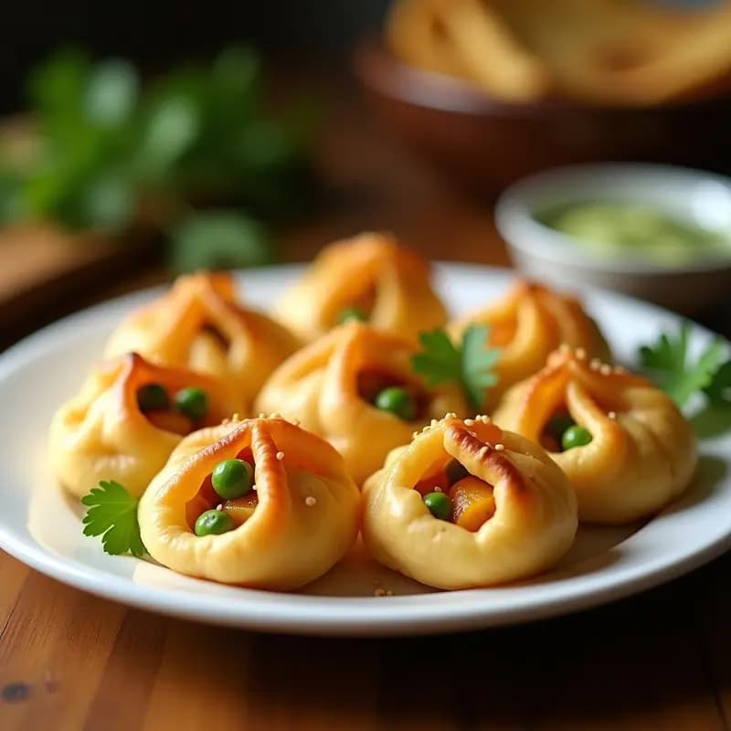 Puri indio dorado y crujiente relleno de patata y guisantes, espolvoreado con semillas de sésamo, servido en un plato de cerámica blanca con chutney de menta al lado.
