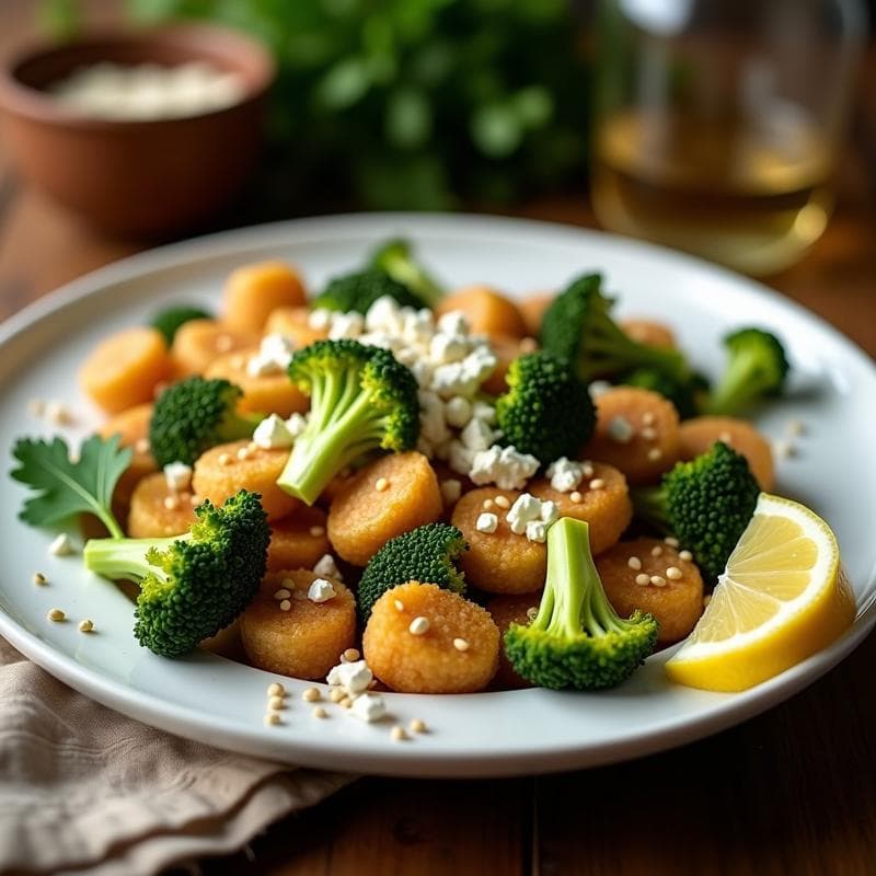 Plato blanco con purpurina de brócoli crujiente y dorado, cubierto de queso feta desmenuzado y semillas de sésamo. Receta griega en airfryer con textura adictiva.