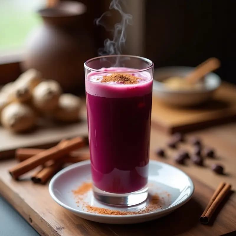 Taza de café latte vibrante de color purpura intenso, elaborado con remolacha, café espresso y especias, decorado con canela en polvo y servido con hielo en un vaso transparente sobre fondo rústico de madera.