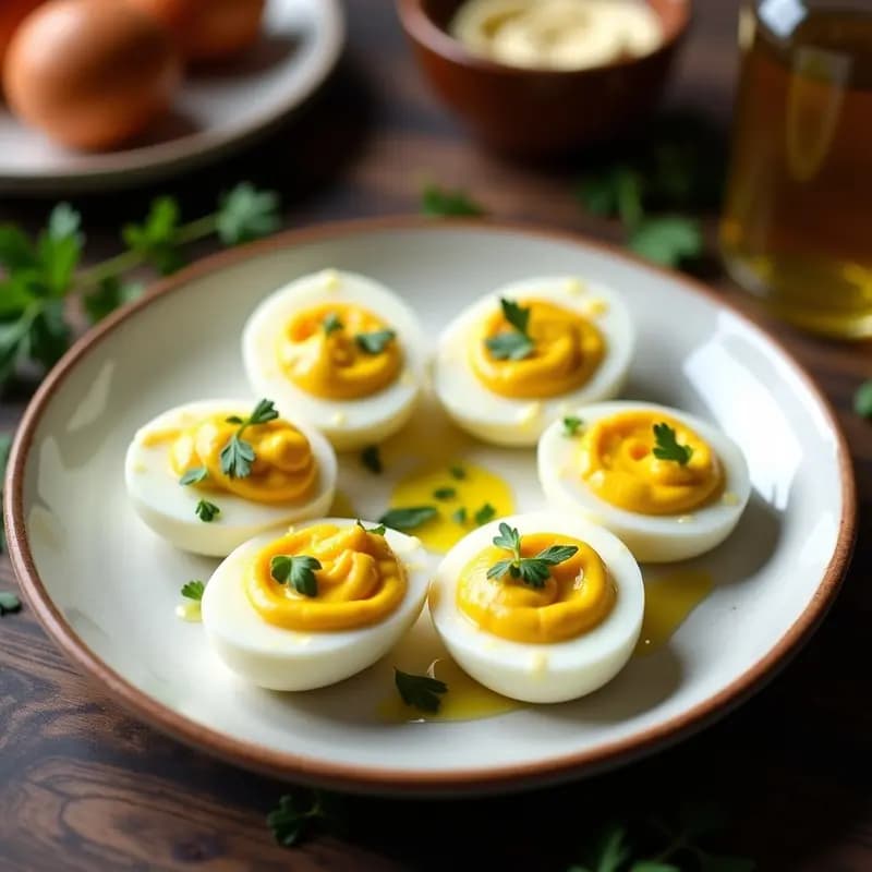 Plato blanco con putimayo granadino, huevos duros rellenos de mayonesa casera cremosa, decorados con perejil fresco y un hilo de aceite de oliva virgen extra sobre fondo rústico de madera.