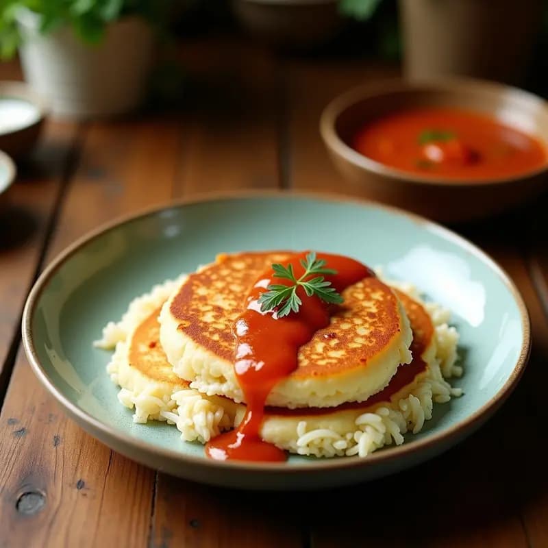 Plato de panqueques esponjosos de harina de arroz y coco rallado, apilados y bañados con salsa chutney picante de mango verde, decorados con hojas de cilantro fresco. Receta de Putti Chutney Sri Lankés.