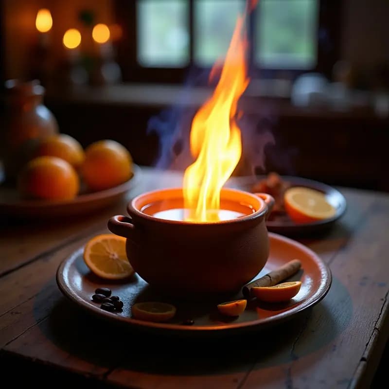 Cazuela de barro con queimada gallega humeante, flameada con azúcar y aguardiente, rodeada de cáscaras de naranja y limón, con ramita de canela. Bebida tradicional gallega para celebrar.