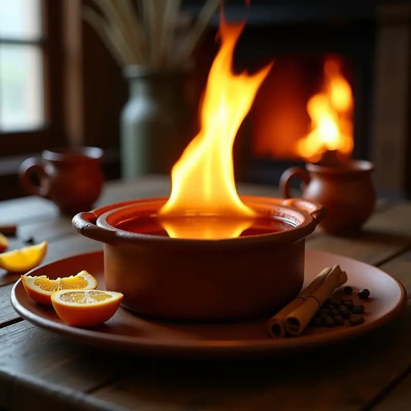 Cazuela de barro humeante con queimada gallega flameada, rodeada de cáscaras de naranja y limón, rama de canela y granos de café. Bebida tradicional española para noches frías.